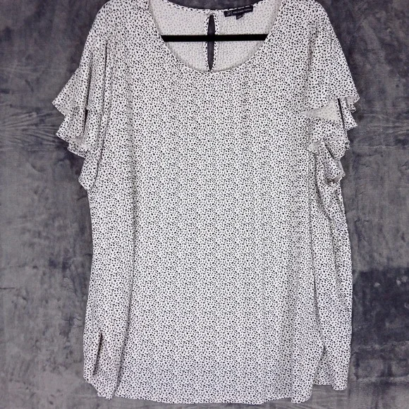Adrianna Papell Blouse Womens 2X White Black Flutter Sleeve Scoop Neck Tunic Top - Picture 1 of 9